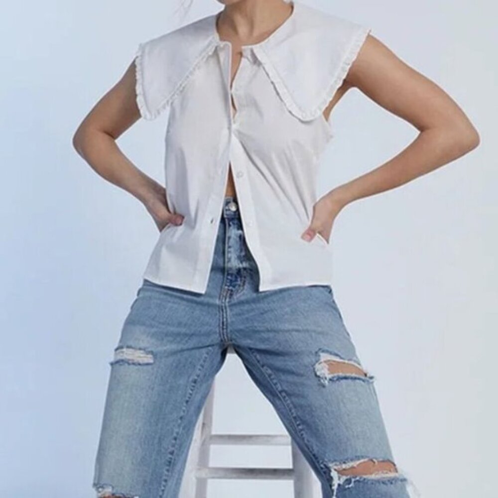 WeWoreWhat Ruffle Collar Cotton Poplin Button-Up - NWT, Optic White, XS